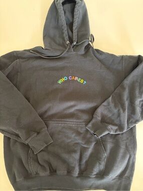 Adult L. Rex OC Black Hoodie Sweatshirt with "Who Cares?" Rainbow Print